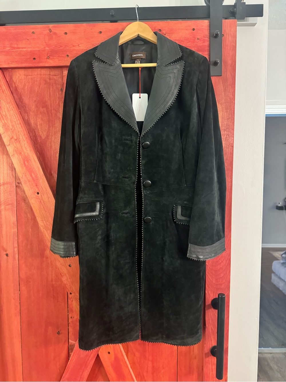 Danier Black Suede Long Trench Coat with Leather Trim